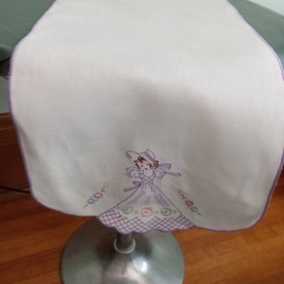 Long Embroider Purple & White Table Runner Cotton Linen Table Antique Vintage - Picture 9 of 10